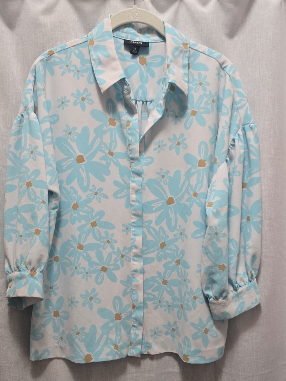 Alfani White Button-Down Shirt with Light Blue Floral Print and Tan Centers